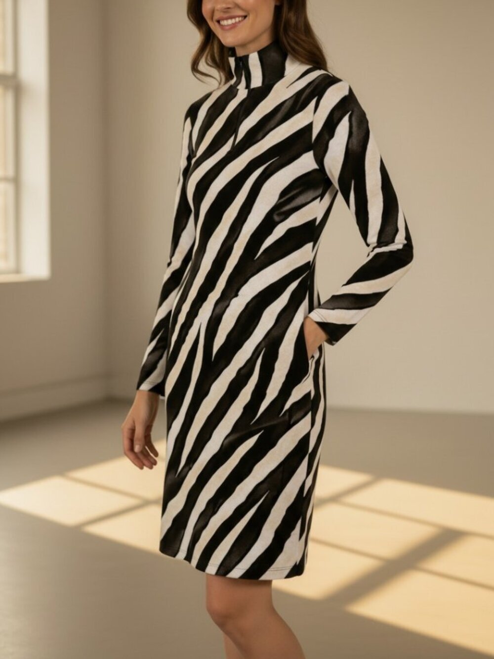 Zebra Luxe | Glossy Black-and-White Animal Print Pattern Victoire Black Dress –